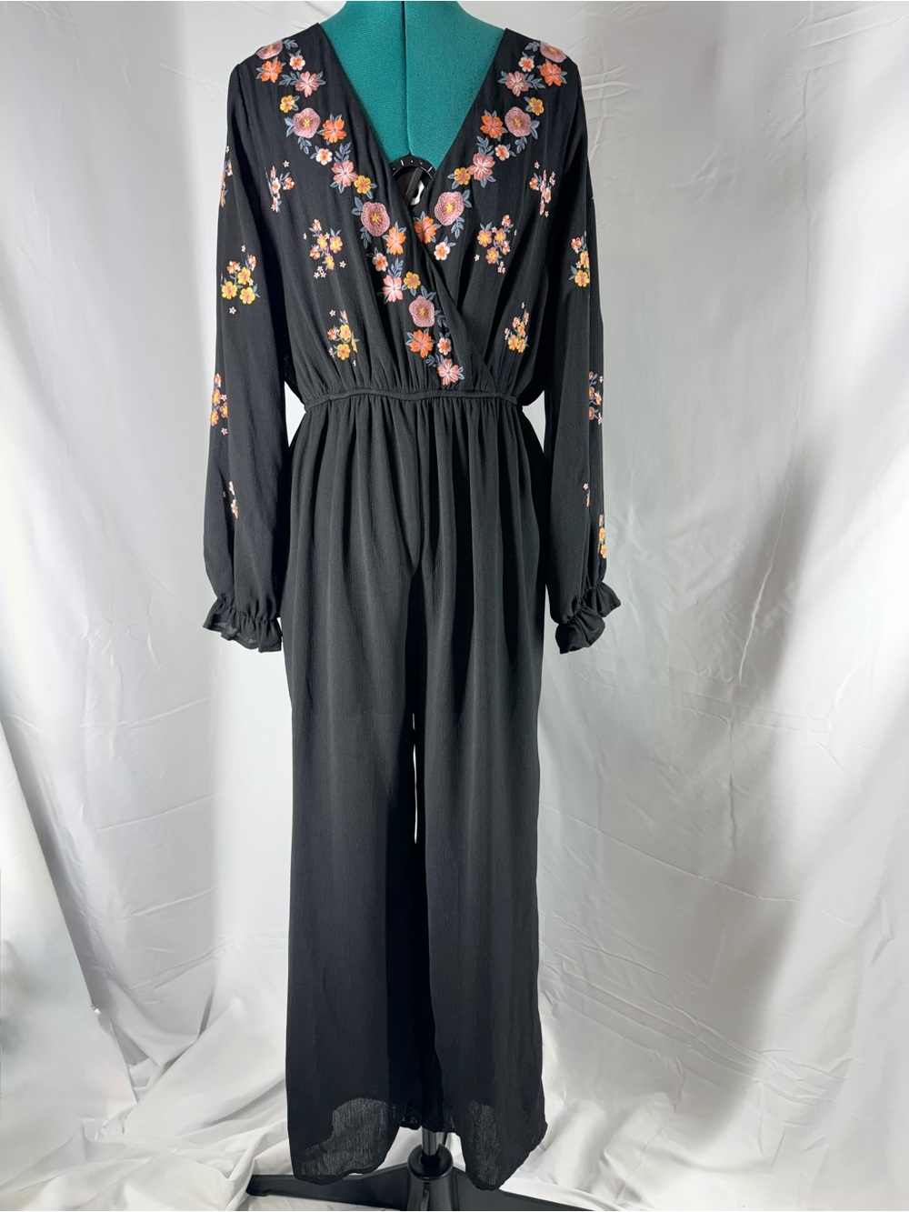 Savanna Jane Black Jumpsuit with Pink and Orange Floral Embroidery - Picture 1 of 11